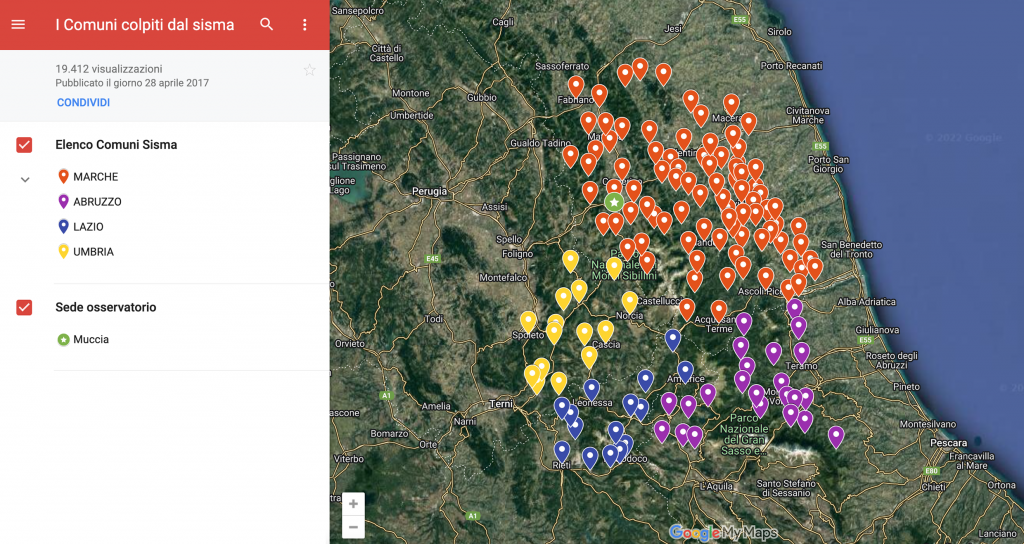 Mappa dei comuni del cratere del sisma 2016.